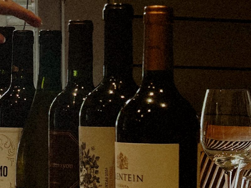 Botellas de vino argentino en fila junto a la ventana